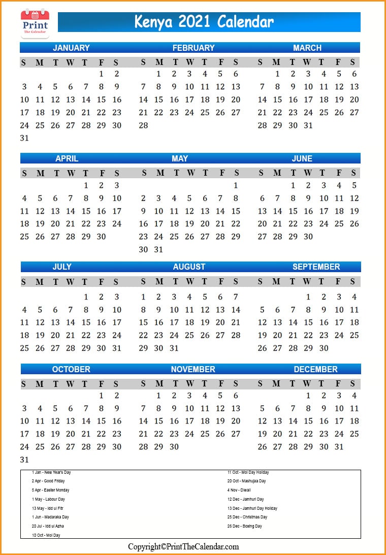 Kenya Calendar 2021